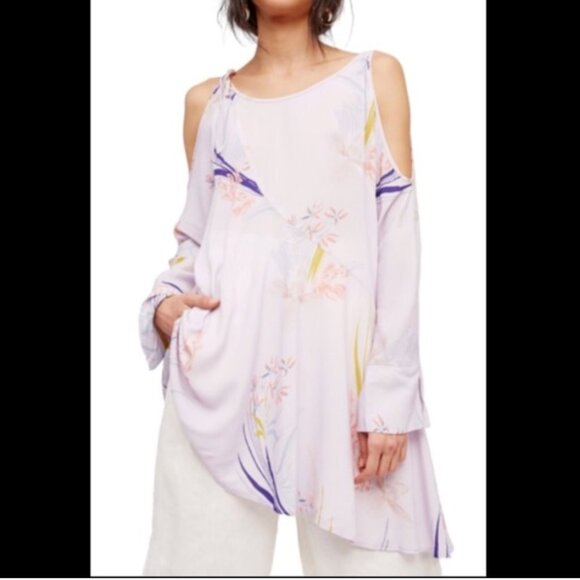 FREE PEOPLE Fall Dress Tunic Clear Skies Lilac Shift Cold Shoulder Floral Large - Picture 14 of 14